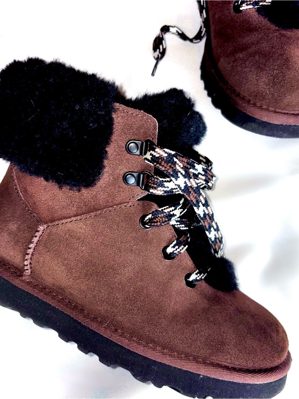 UGG Brown Suede Ankle Boots with Black Shearling Trim, NWOT